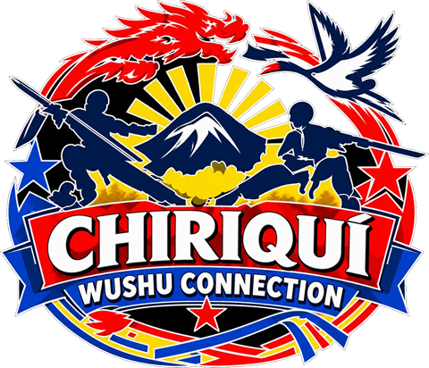 Emblema de Chiriquí Wushu Connection: un dragón y una grulla rodean a dos artistas marciales frente a un volcán y un sol naciente.